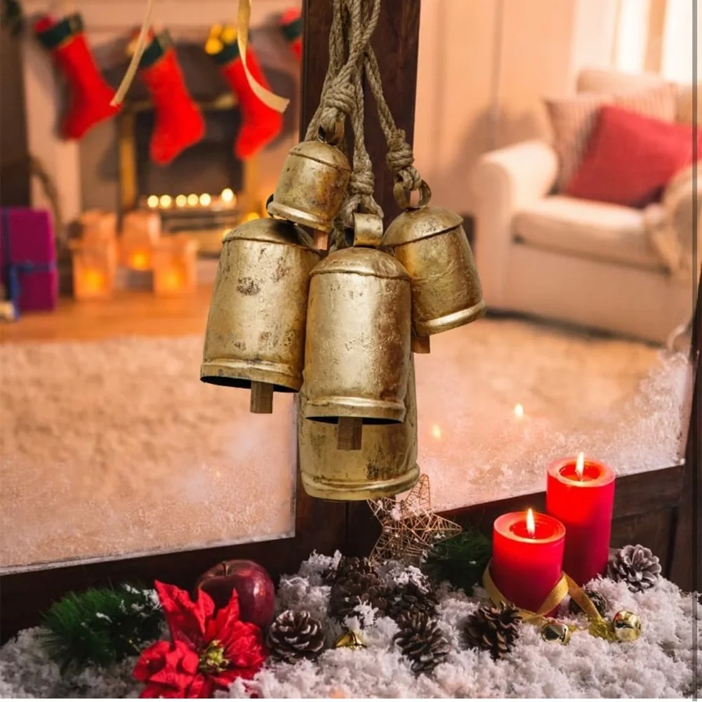 Akatva Large Brass Cow Bells 
Rustic Christmas Decor 5 pc Set
Vintage Gold Bells - Picture 7 of 12